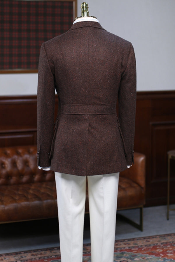Retro Coffee Tweed Slim Fit Men's Blazer with Pockets
