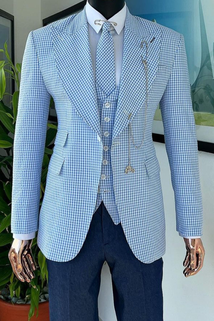 Fashionable 3 Piece Small Blue Plaid Men's Business Suit Online