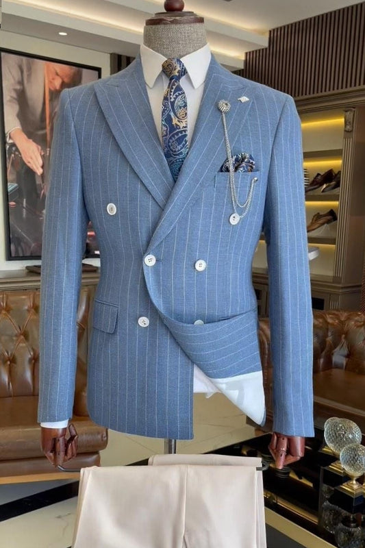 Pinstripe Sky Blue Double Breasted Fashion Suit with Khaki Pants