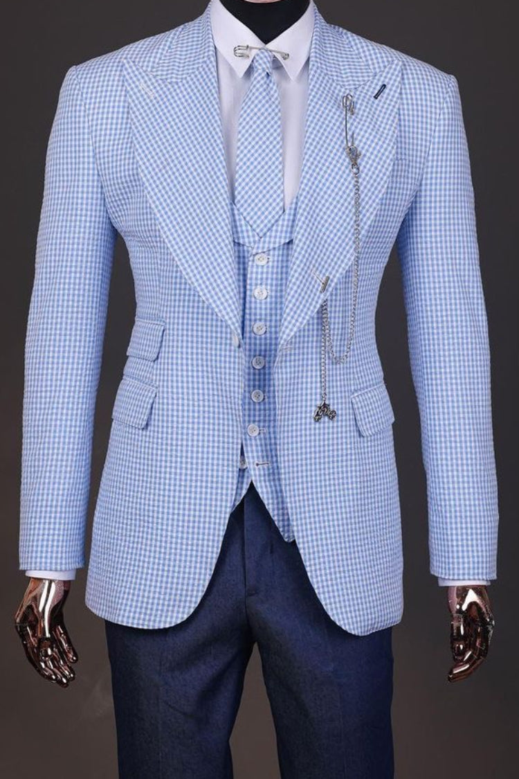 Fashionable 3 Piece Small Blue Plaid Men's Business Suit Online