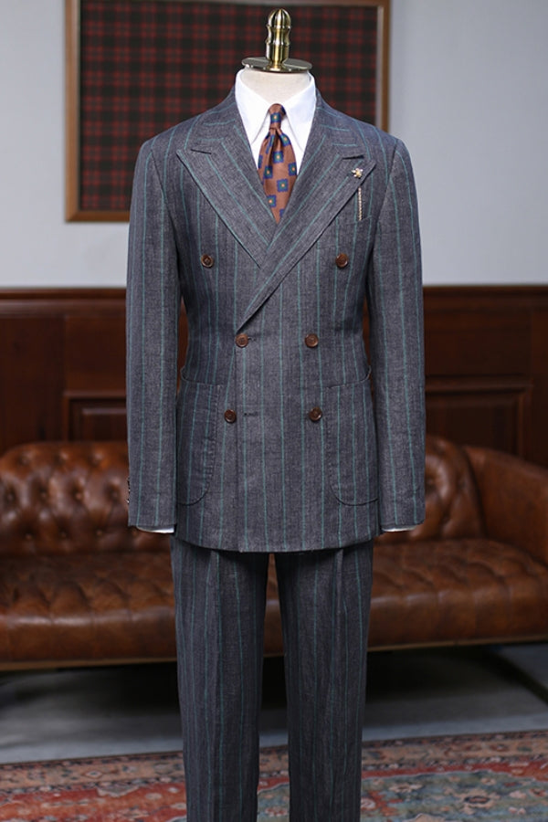 Pinstripe Dark Gray Double Breasted Business Suit with Patch Pockets