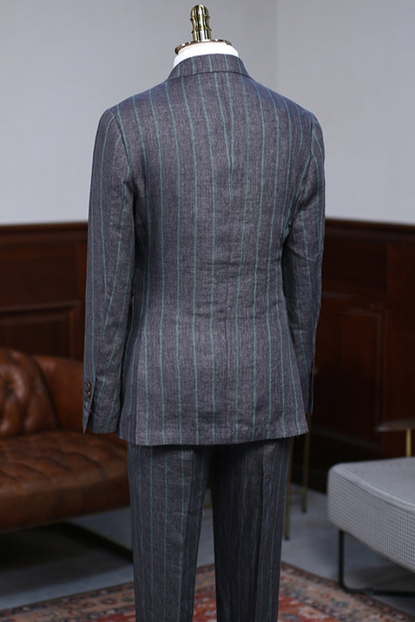 Pinstripe Dark Gray Double Breasted Business Suit with Patch Pockets