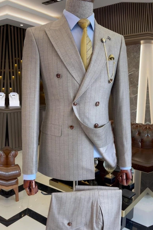 Light Brown Double Breasted Pinstripe Workplace Attire for Business