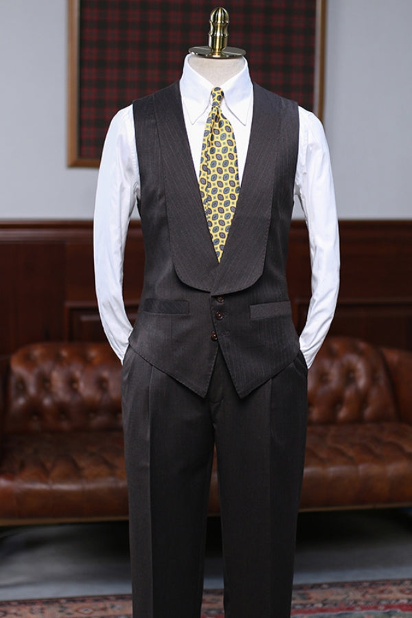 Niche Dark Coffee Pinstripe Slim Fit 3 Piece Business Suit with Waistcoat