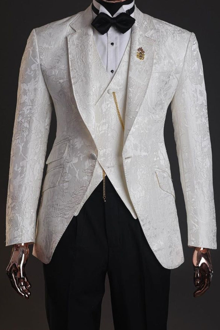 Crisp White Jacquard 3 Piece Wedding Groom Suit with Black Pants