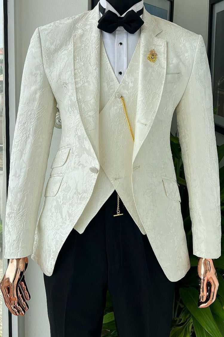 Crisp White Jacquard 3 Piece Wedding Groom Suit with Black Pants