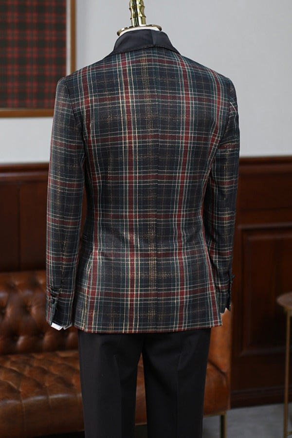 Worsted Red and Green Plaid Satin Shawl Lapel Double Breasted Prom Suit