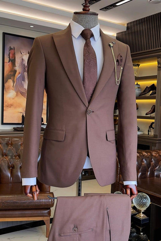 Popular One Button Peaked Lapel Brown Men's Formal Suit for Business