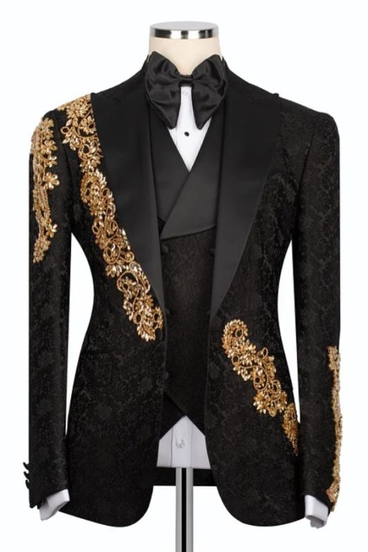 Black 3-Pieces Jacquard Wedding Groom Suits with Gold Crystal
