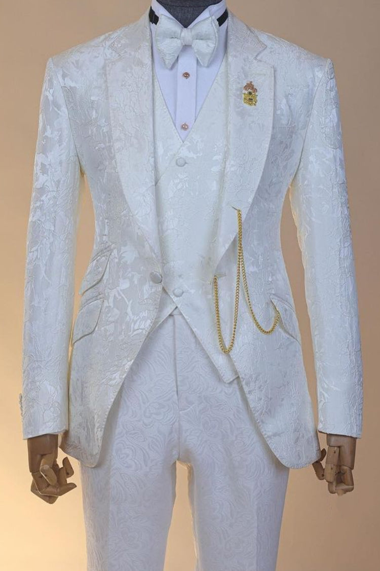 Stylish 3 Piece White Jacquard Wedding Tuxedo Groom Suit with Waistcoat
