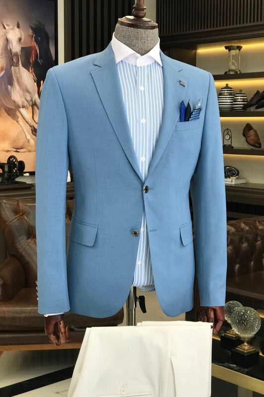 Fashionable Sky Blue Outdoor Men's Casual Suit with Cream White Pants for Summer