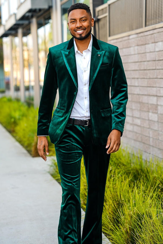 Stylish Green Velvet Peak Lapel 2 Pieces Men Suit