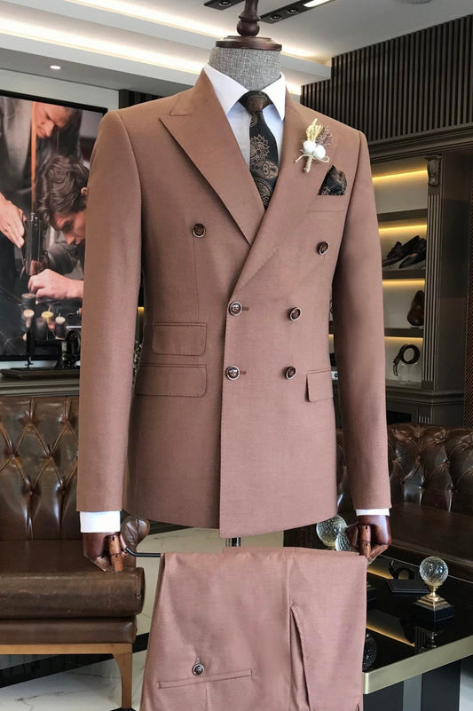 Latest 3 Flap Pockets Double Breasted Blush Brown Men's Business Suit Formal