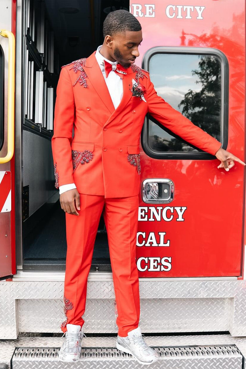 Bright Red Double Breasted Beading Acrylic Rhinestone Prom Suit