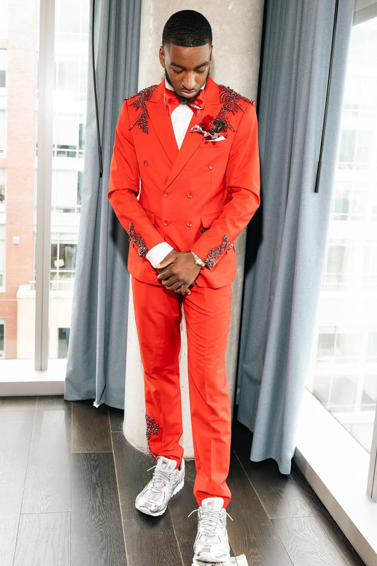 Bright Red Double Breasted Beading Acrylic Rhinestone Prom Suit