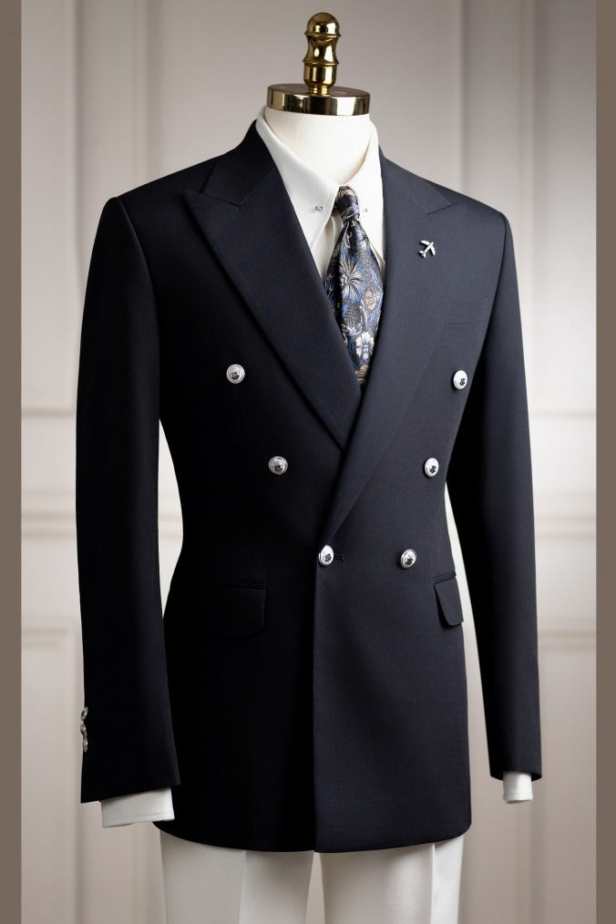 Navy Blue Double Breasted Peak Lapel Men Suits with White Pants