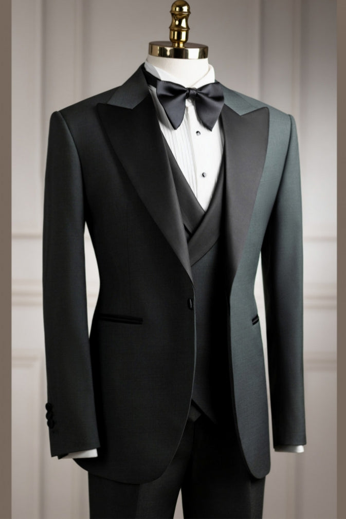 Dark Green Bespoke 3-Pieces Slim Fit Men Suit with Black Lapel
