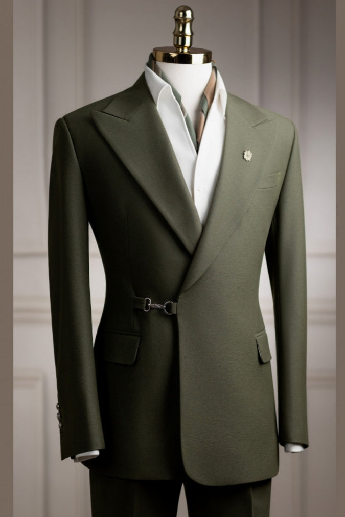 Lime Green Peak Lapel Slim Fit Prom Suit with Buckle