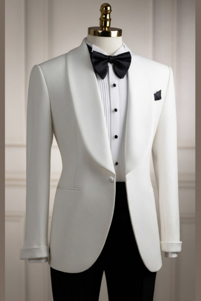 Modern White Shawl Lapel One Button Wedding Suit with Black Pants