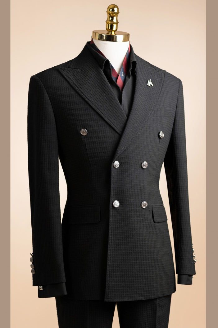 Cool Black Plaid Double Breasted Slim Fit Prom Suit