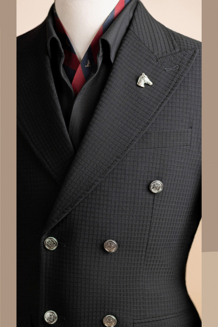 Cool Black Plaid Double Breasted Slim Fit Prom Suit