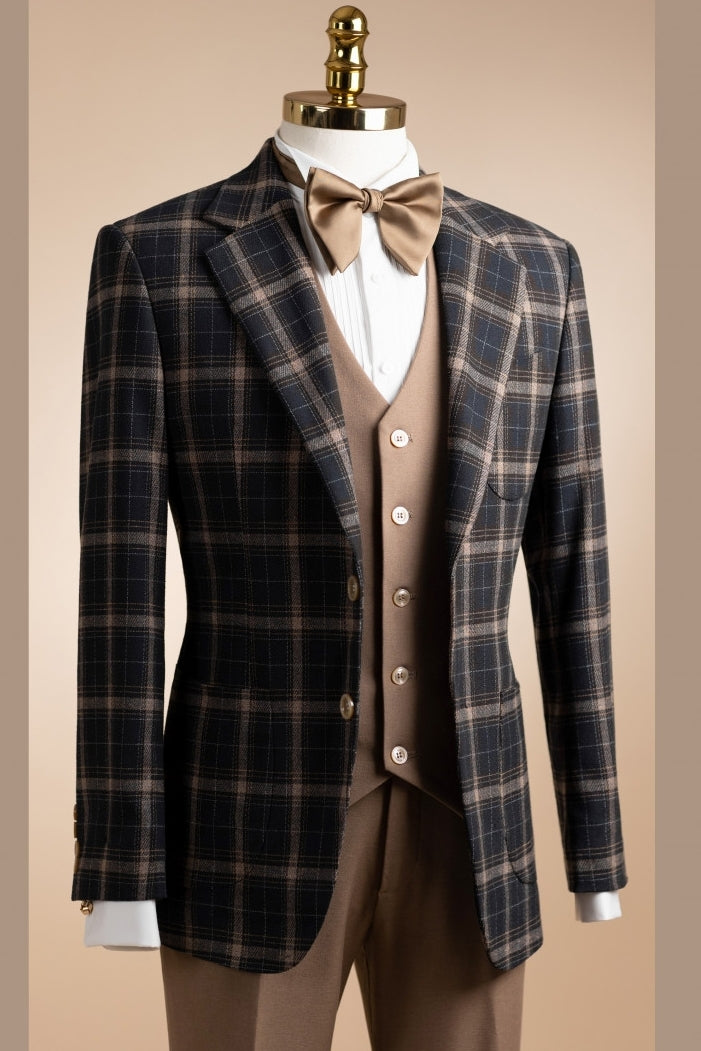 Blue Plaid 3-Piece Business Suits with Khaki Vest and Pants