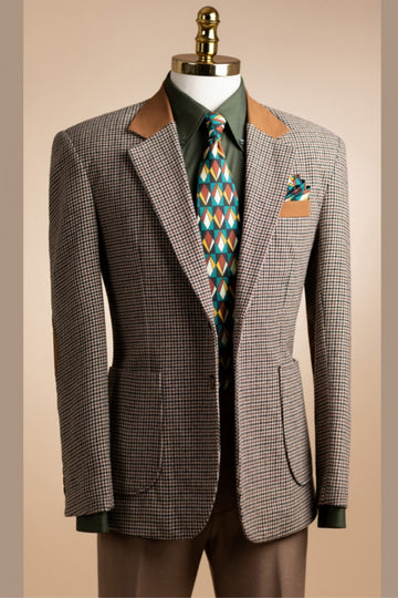 Fashion Two Pieces Houndstooth Business Men Suit with Brown Pants