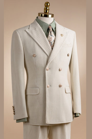 White Corduroy Double Breasted Slim Fit Prom Suits
