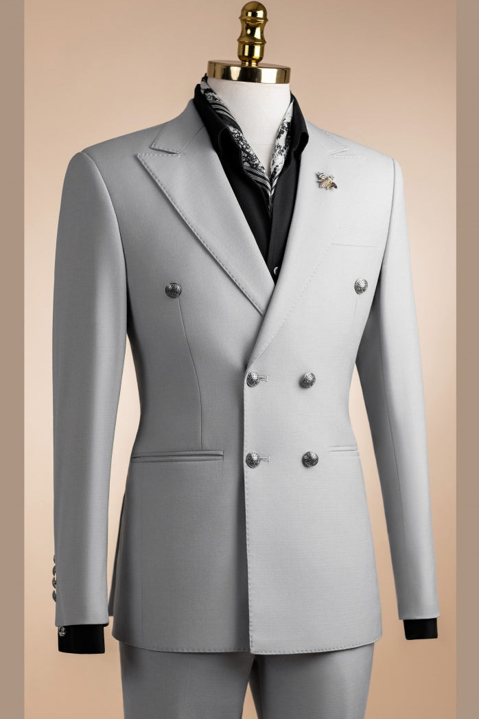 Bespoke Silver Peaked Lapel Double Breasted Business Suits