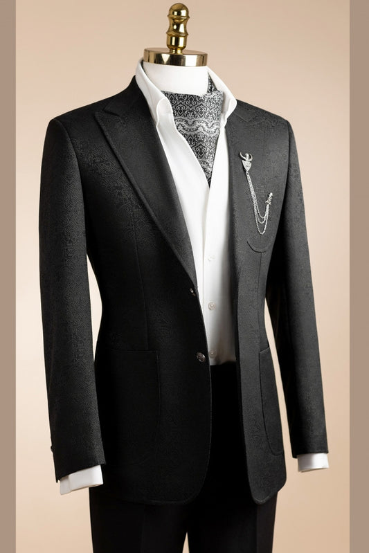 Classic Black Peak Lapel Jacquard Prom Outfits for Boy
