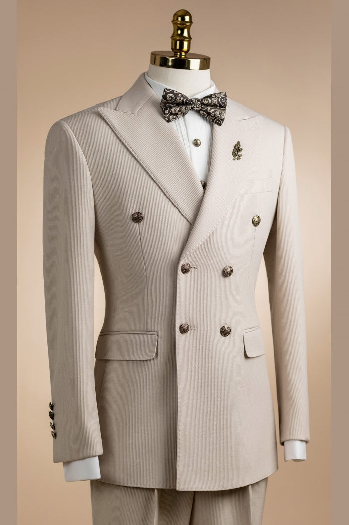 Beige Corduroy Double Breasted Close Fitting Prom Suits