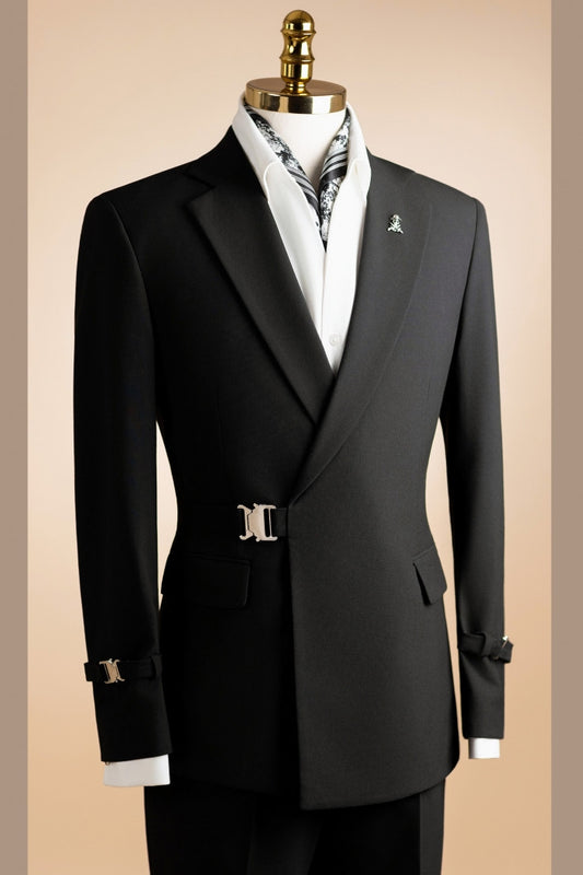 Modern Black Notch Lapel Prom Men Suits with Gold Buckle