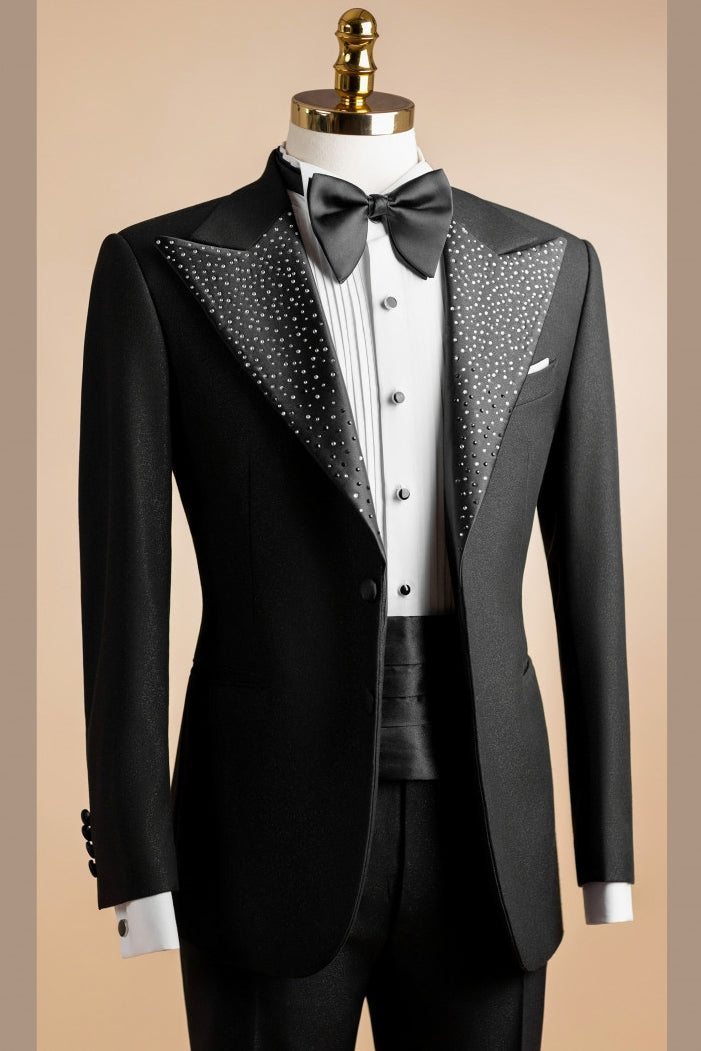 Fashion Black Peak Lapel Beadings Prom Men Suits