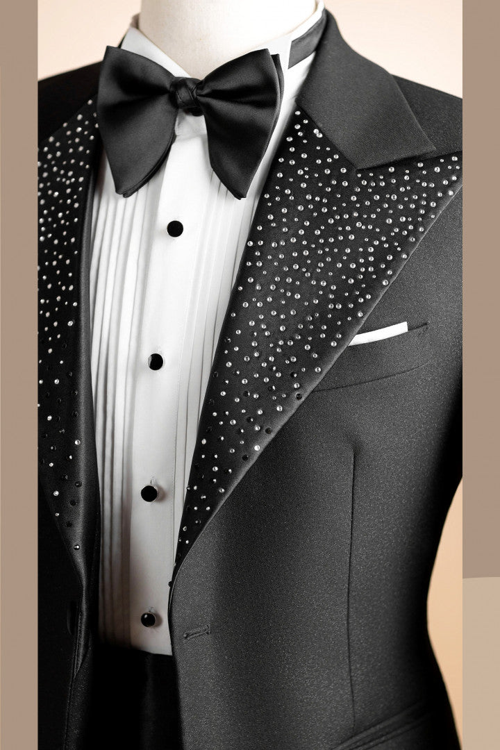 Fashion Black Peak Lapel Beadings Prom Men Suits