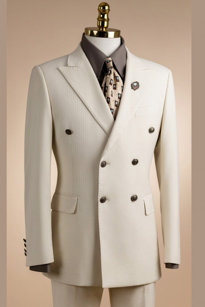 Beige Double Breasted Striped Fashion Men Suits