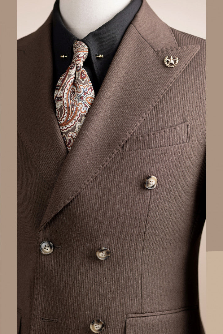 Coffee Corduroy Double Breasted Close Fitting Prom Suits