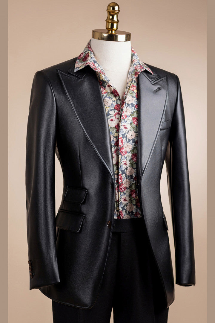 Black Polyurethane Leather Peak Lapel Fashion Prom Suits