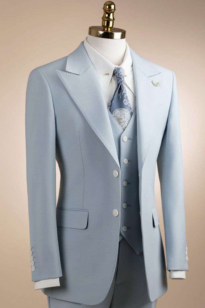 Formal Sky Blue 3-Pieces Peak Lapel Business Men Suit