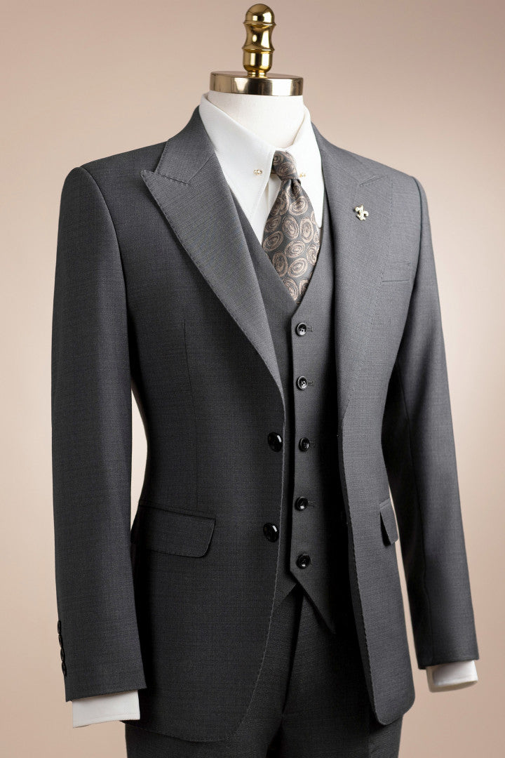 Newest Dark Gray 3-Pieces Peak Lapel Business Men Suit