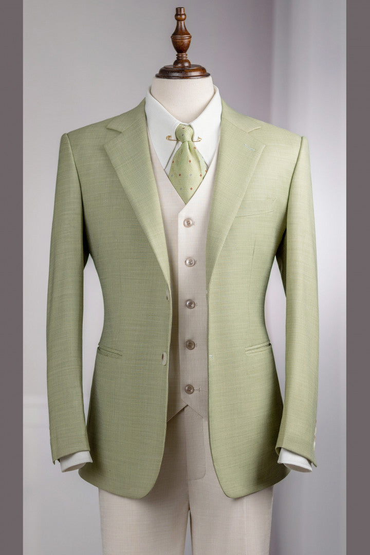 Stylish Lime Green 3-Pieces Prom Suits with Beige Vests and Pants