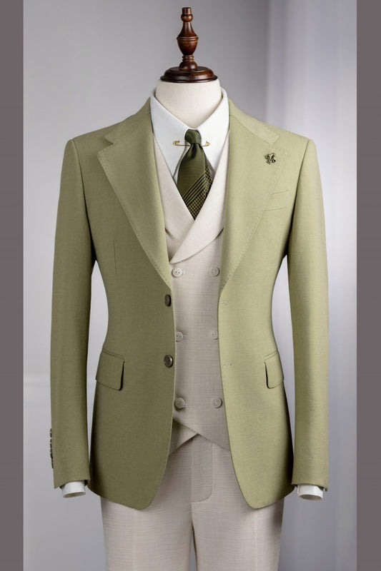 Lime Green 3-Pieces Slim Fit Prom Men Suits with Beige Pants and Vest