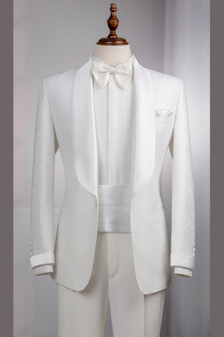 Chic White Jacquard Shawl Lapel Two Piece Wedding Groom Suits