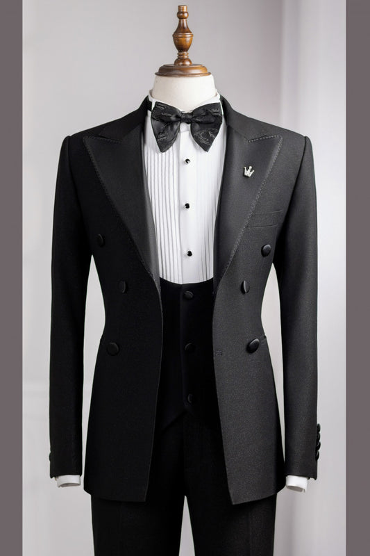 Fashion Black 3-Piece Peaked Lapel Bespoke Men Suits