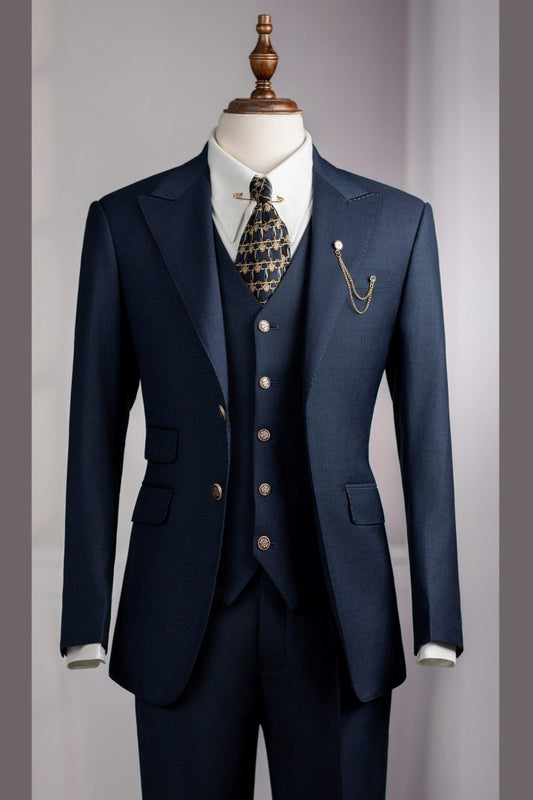Formal Navy Blue 3-Piece Slim Fit Business Men Suit