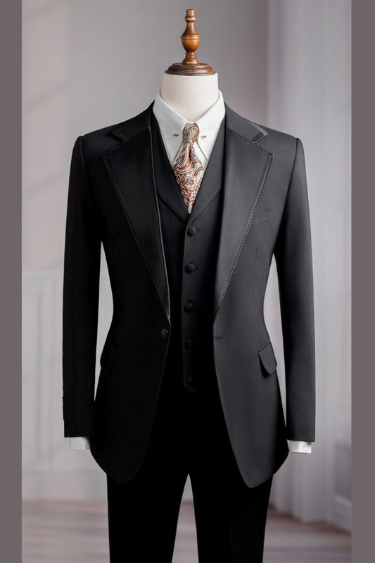 Cool Black Notch Lapel Black Close Fitting Men Suit