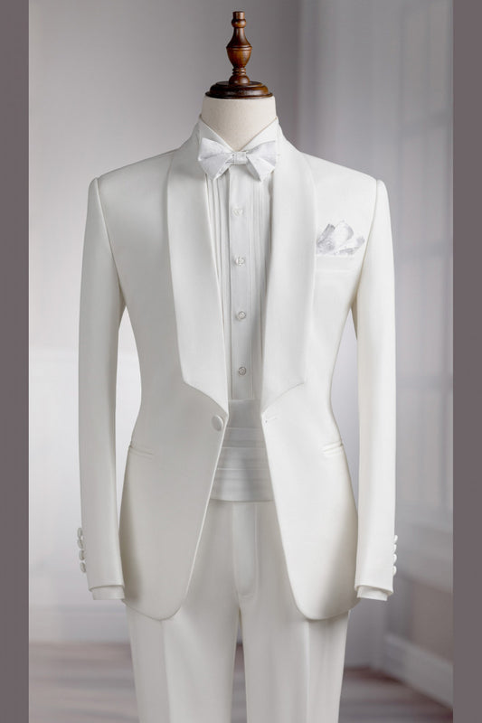 Pure White Shawl Lapel One Button Wedding Groom Suits