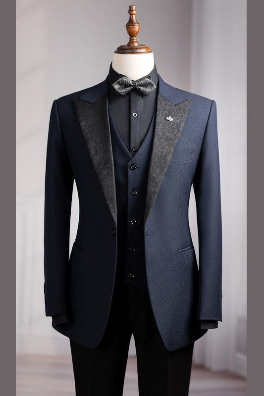 Navy Blue 3 Pieces Prom Men Suit with Jacquard Lapel
