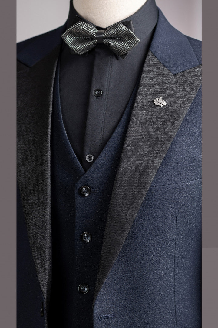 Navy Blue 3 Pieces Prom Men Suit with Jacquard Lapel