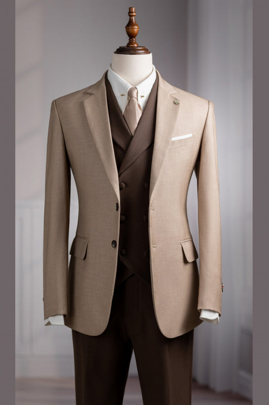 Khaki and Brown 3 Pieces Notch Lapel Men Suits