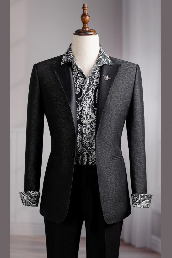 Black Peaked Lapel Jacquard Slim Fit Prom Suits for Men